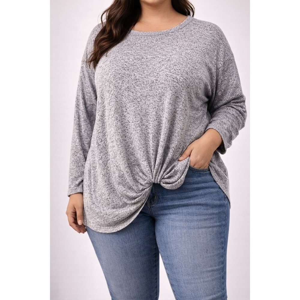 24/7 Plus Size 4X Gray Marled Twist Front Long Sleeve Knit Top